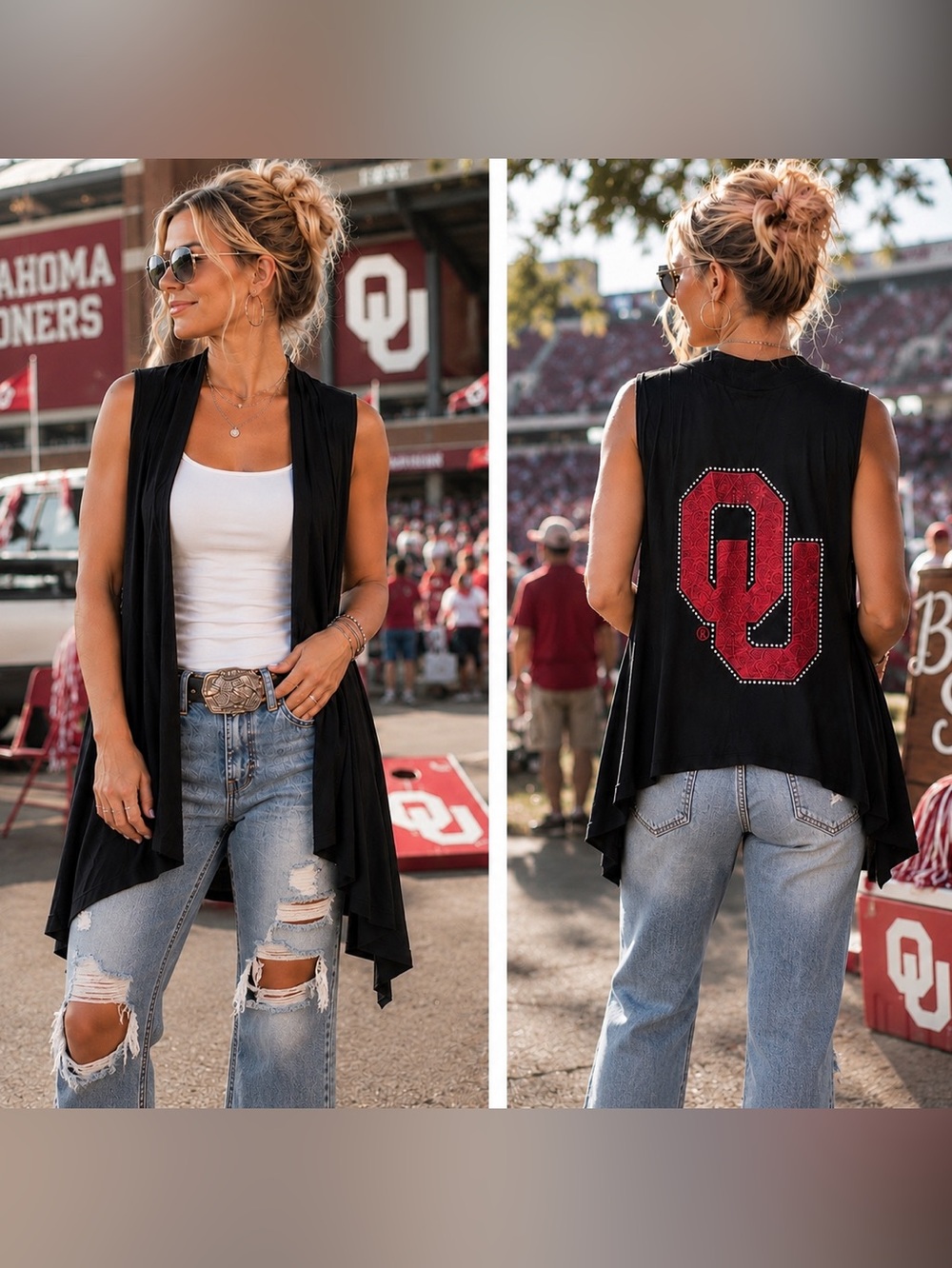 Game Day Couture Women's Rhinestone Bling OU Sooners Black Open Cardigan Vest M